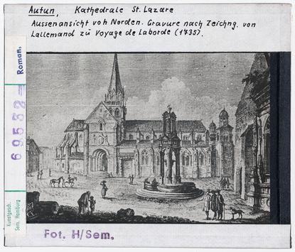 Vorschaubild Autun: Kathedrale Saint-Lazare, Außenansicht von Norden, Stich nach Zeichnung von Lallemand zu Voyage de Laborde, 1735 